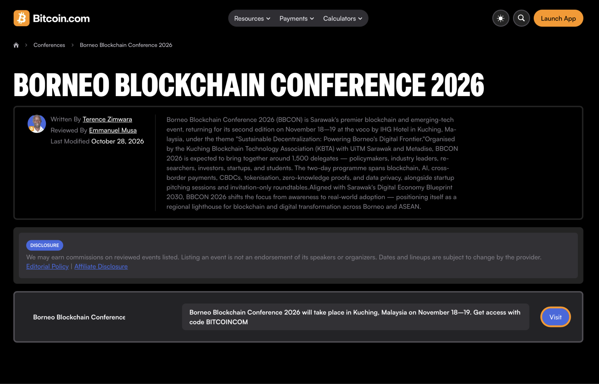 Bitcoin.com coverage of Borneo Blockchain Conference 2026 — supplied screenshot